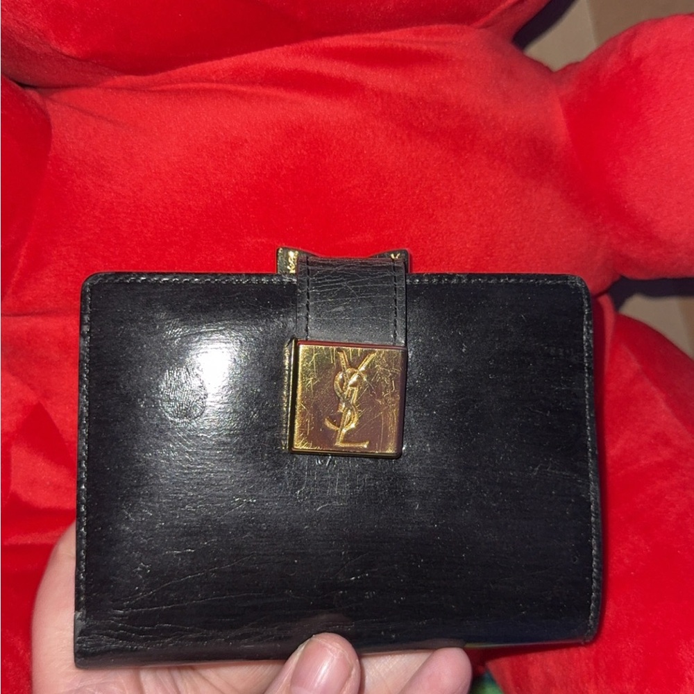 Authentic YSL Black Leather KissLock Wallet with Gold Accent (Good Condition)